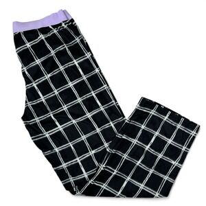 June & Daisy Womens Black White Grid Plaid Fleece Pajama Pants Purple Waist L